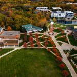 Aerial photo of Allendale Campus with student services building on left, sidewalks and Zumberge Hall on right